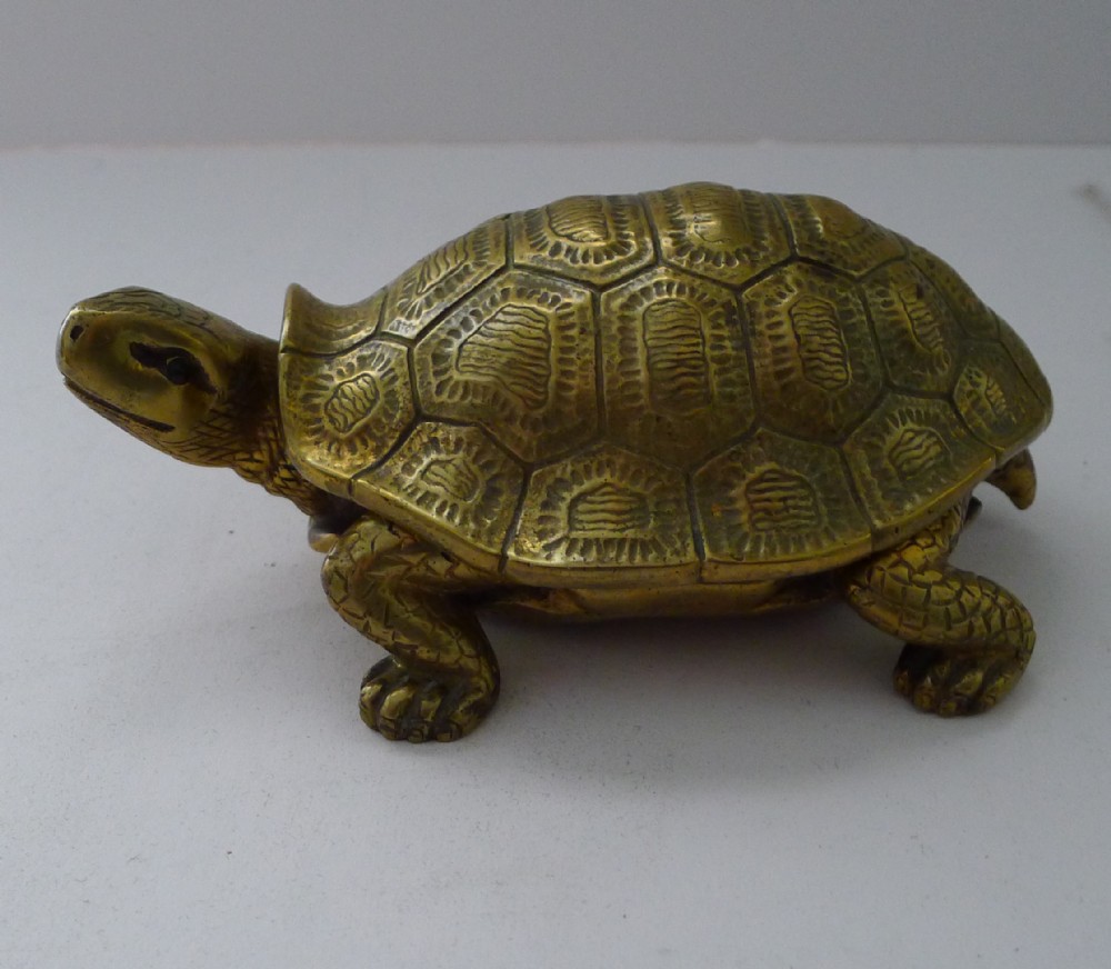 antique english novelty inkwell brass tortoise turtle c1890