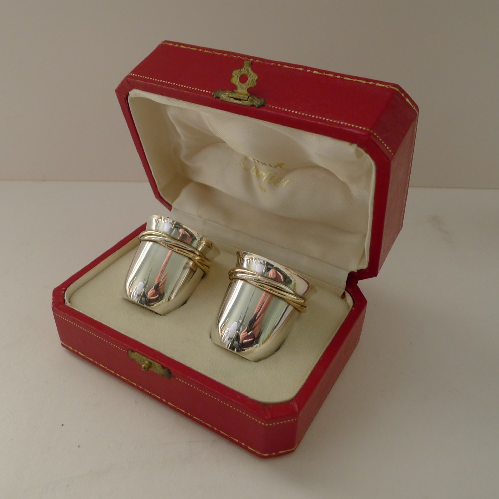 pair cased cartier silver trinity shot glasses c1970