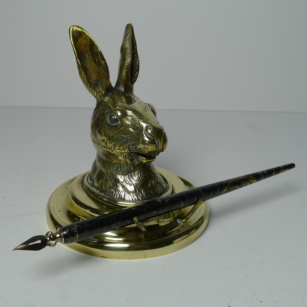 antique english novelty figural brass inkwell hare c1880