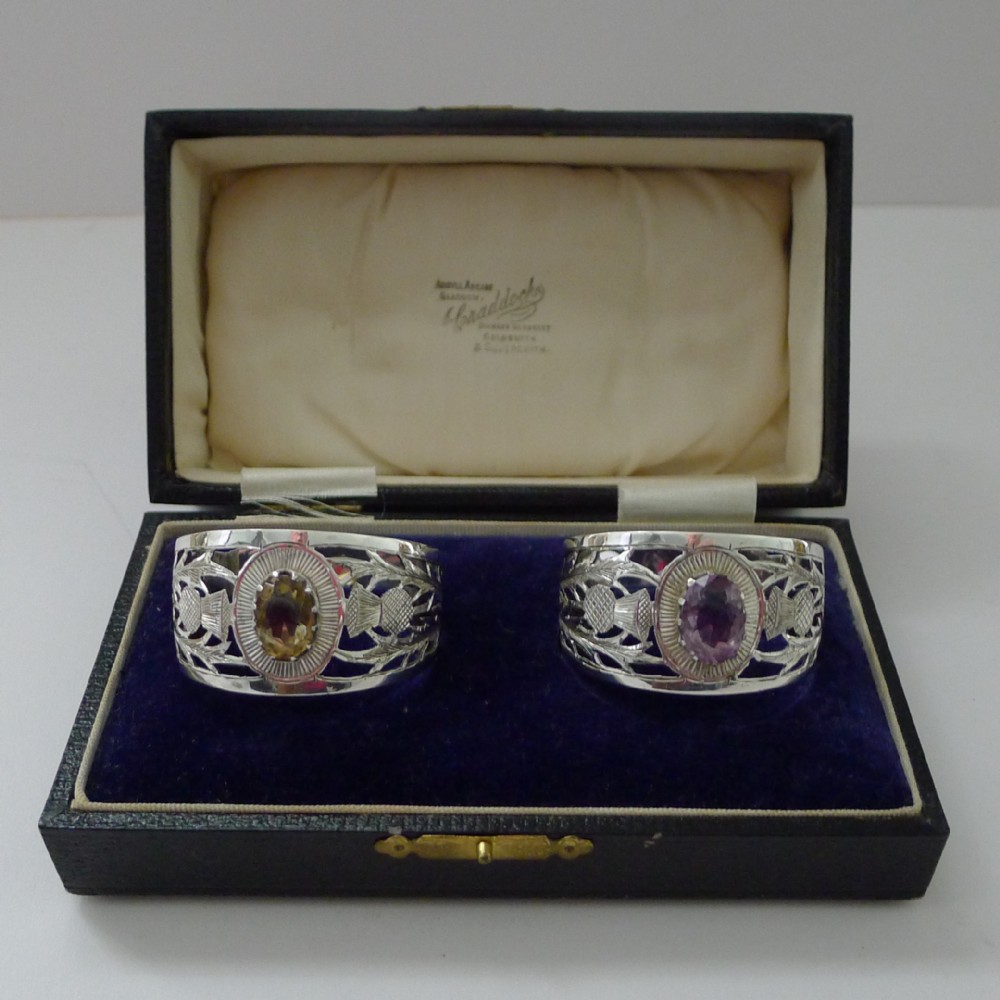 fine pair silver cairngorm stone napkin rings 1927