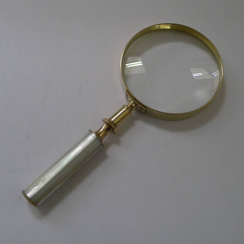 large antique english brass and mother of pearl magnifying glass c1910