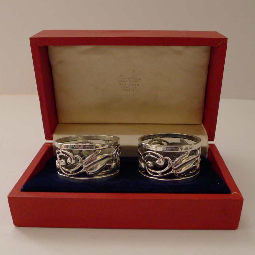 pair rare cartier solid sterling silver napkin rings original box