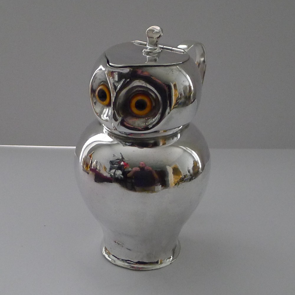 rare antique english novelty silver plated jug owl with glass eyes c1910
