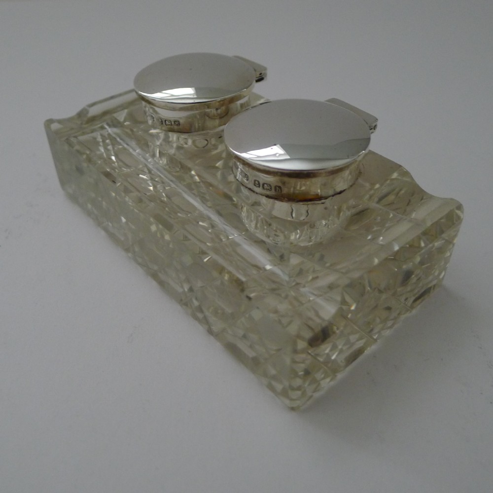 antique english cut glass sterling silver double inkwell